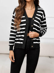 Striped Dropped Shoulder V-Neck Knit Top - Flyclothing LLC