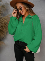 Half Zip Dropped Shoulder Sweater - Flyclothing LLC