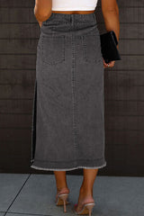 Raw Hem Slit Pocketed Midi Denim Skirt - Flyclothing LLC