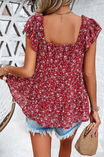 Printed Square Neck Cap Sleeve Blouse - Flyclothing LLC