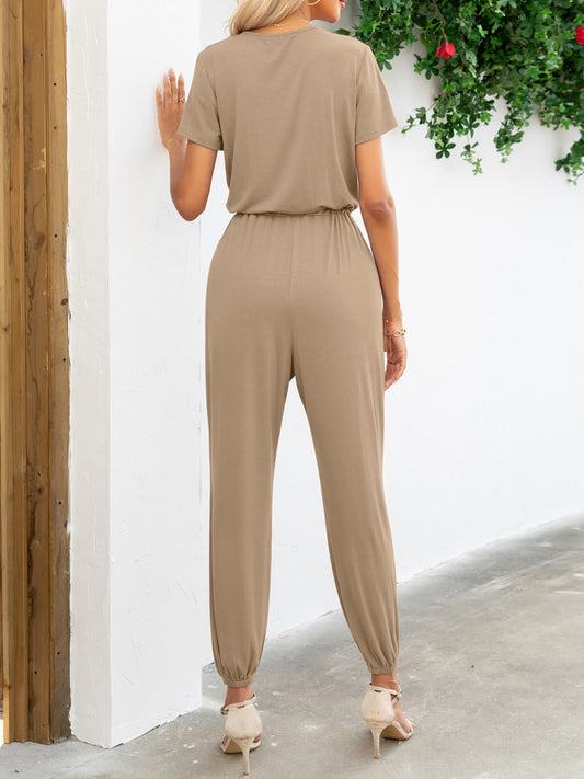 Short Sleeve V-Neck Jumpsuit with Pockets - Flyclothing LLC