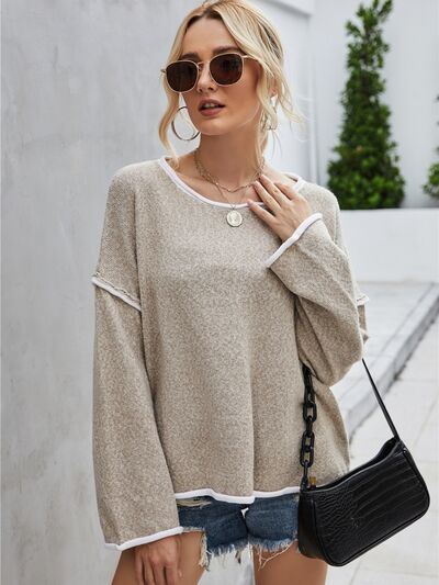 Boat Neck Dropped Shoulder Sweater - Trendsi