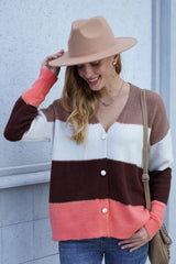 Color Block V-Neck Button Down Cardigan - Trendsi