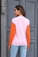 Round Neck Contrast Color Dropped Shoulder Sweater - Trendsi