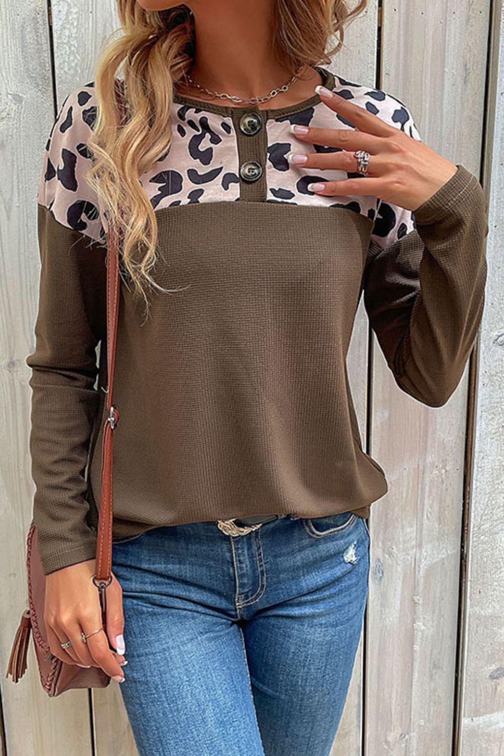 Leopard Buttoned Round Neck Drop Shoulder Top - Flyclothing LLC