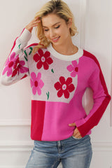 Floral Round Neck Dropped Shoulder Sweater - Flyclothing LLC