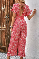 Printed Tie Back Ruffled Jumpsuit - Flyclothing LLC