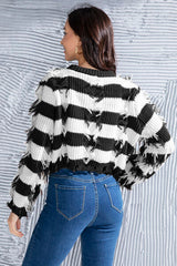 Striped Fringe Round Neck Sweater - Flyclothing LLC