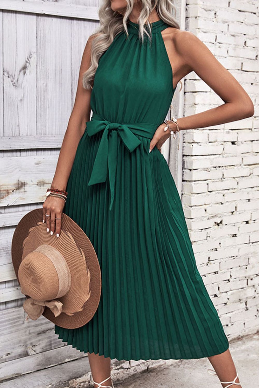 Tie Belt Pleated Midi Dress - Flyclothing LLC