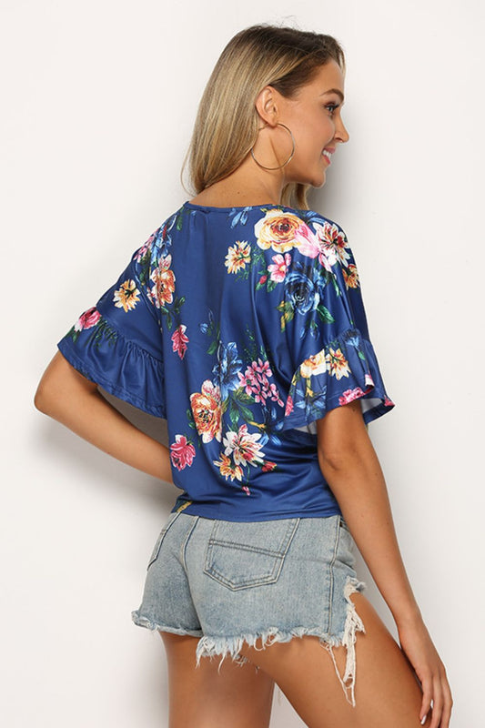 Floral Tie Hem Flounce Sleeve Top - Flyclothing LLC