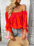 Printed Off-Shoulder Bell Sleeve Blouse - Flyclothing LLC