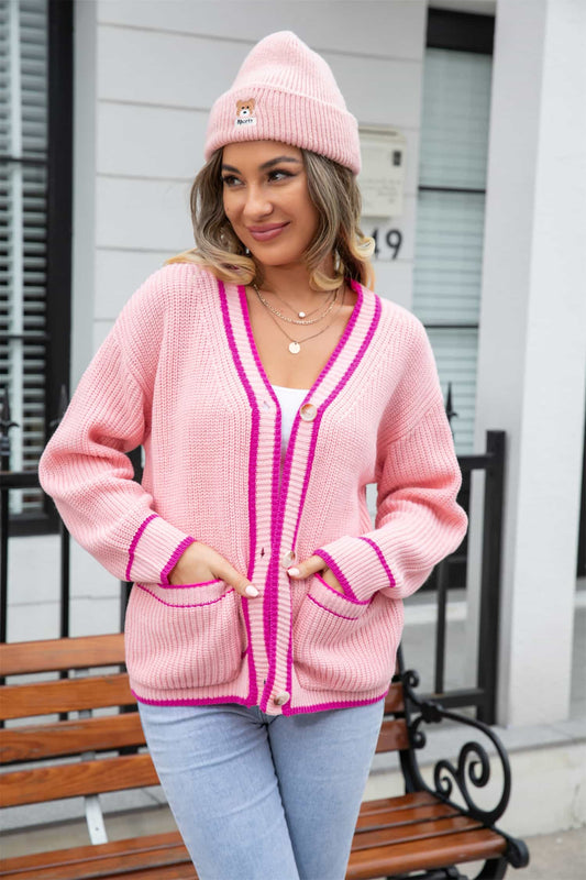 Waffle Knit V-Neck Cardigan with Pocket - Flyclothing LLC