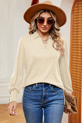 Decorative Button Johnny Collar Lantern Sleeve Blouse - Flyclothing LLC