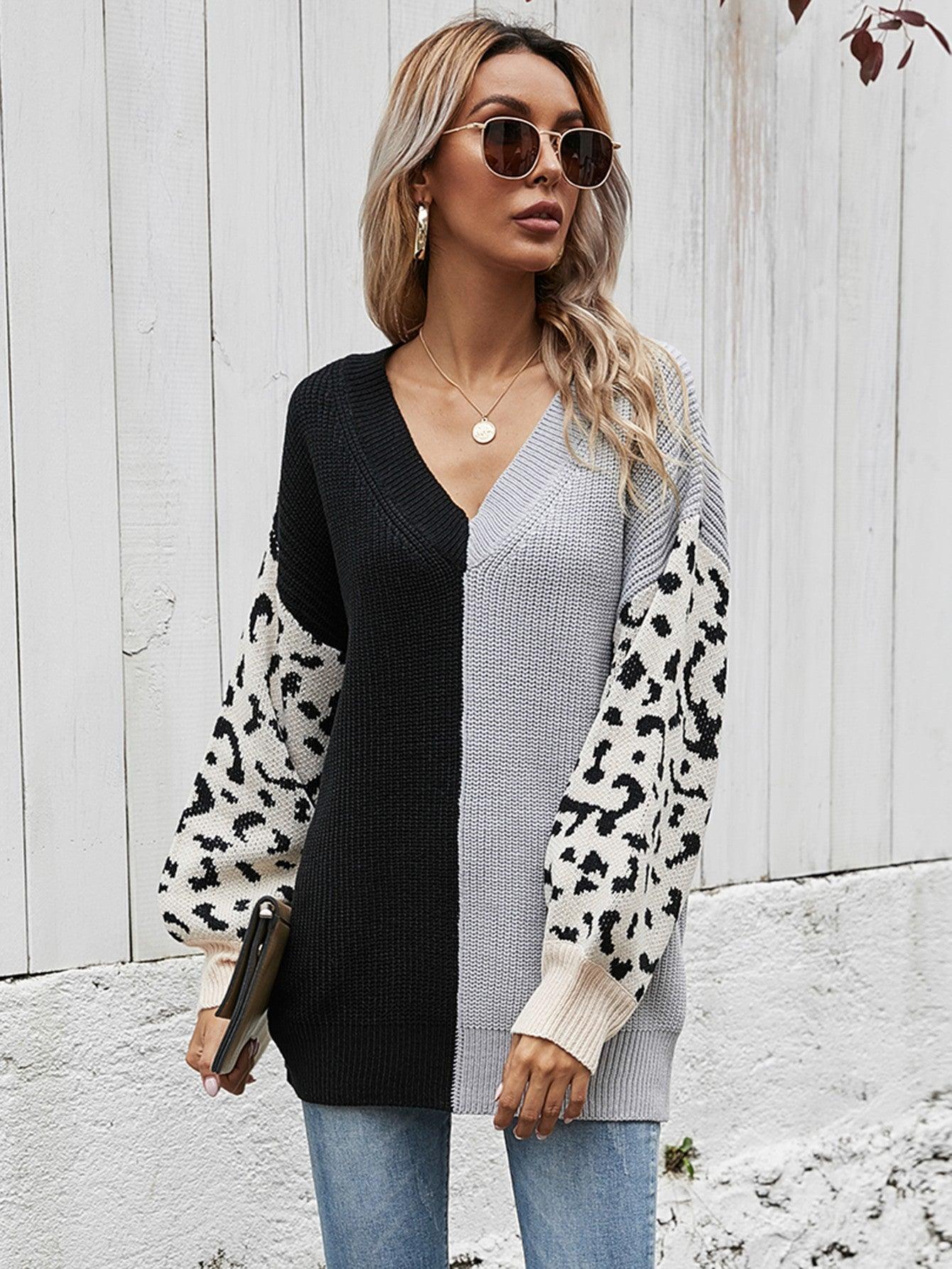 Leopard Color Block V-Neck Tunic Pullover Sweater - Flyclothing LLC