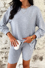 Ribbed Round Neck Dropped Shoulder Top and Shorts Set - Flyclothing LLC