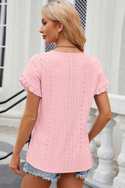 Eyelet Round Neck Petal Sleeve T-Shirt - Flyclothing LLC