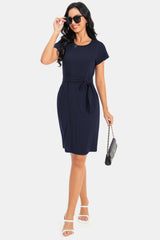 Tie Front Round Neck Short Sleeve Dress - Flyclothing LLC