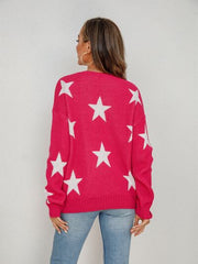 Star Round Neck Dropped Shoulder Sweater - Flyclothing LLC