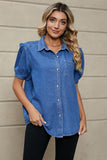 Puff Sleeve Collared Denim Top - Trendsi