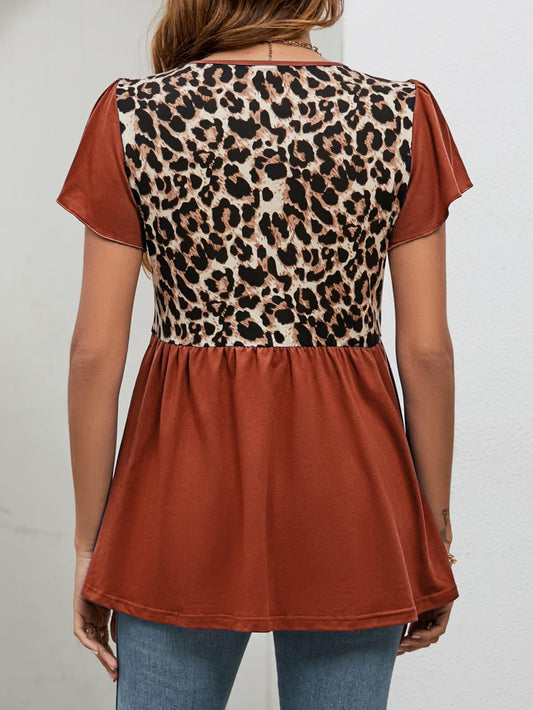 Leopard Round Neck Flutter Sleeve Babydoll Blouse - Trendsi