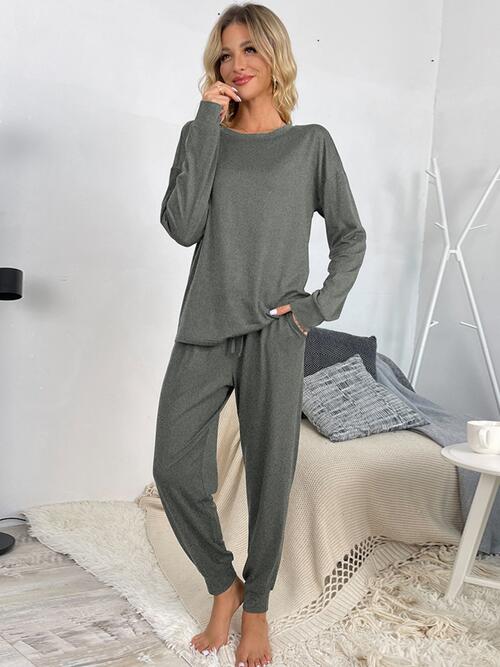 Round Neck Top and Drawstring Pants Lounge Set - Flyclothing LLC