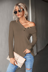 Waffle-Knit Button Detail V-Neck Top - Flyclothing LLC