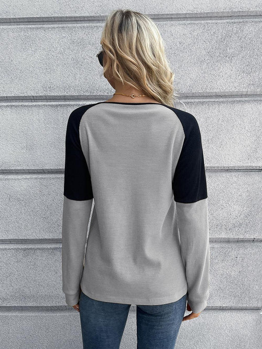 Contrast Buttoned Round Neck Raglan Sleeve Top - Flyclothing LLC