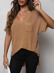 V-Neck Slit High-Low Knit Top - Flyclothing LLC