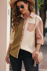 Grid Color Block Button-Up Shirt - Trendsi