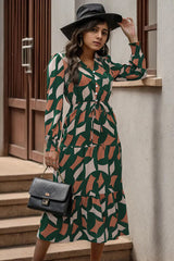 Printed Tied Pocketed Lantern Sleeve Dress - Flyclothing LLC