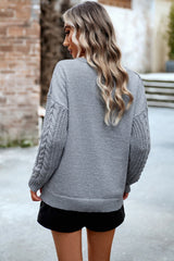 Cable-Knit Round Neck Drop Shoulder Sweater - Flyclothing LLC