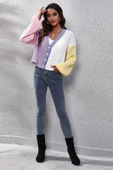 Color Block Button Up V-Neck Knit Top - Trendsi