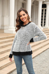 Printed Round Neck Dropped Shoulder Sweater - Flyclothing LLC