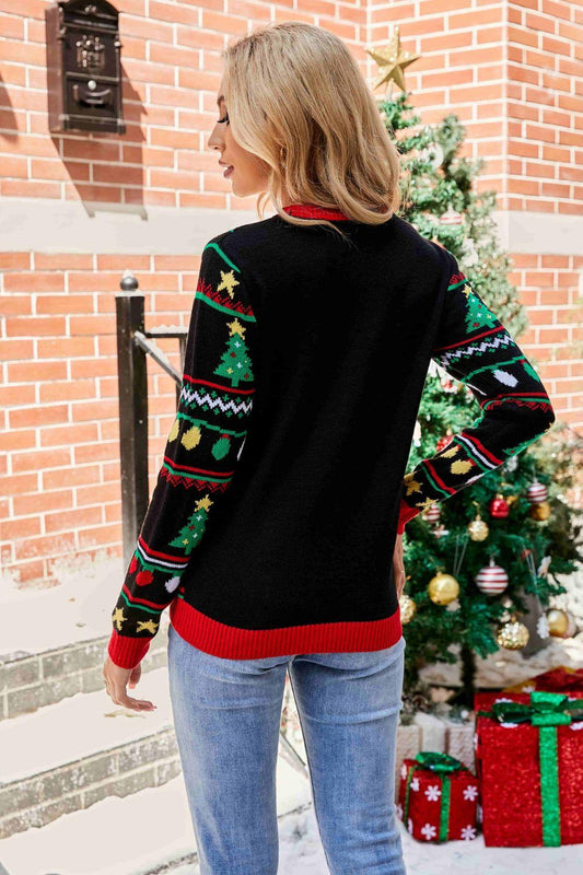 Christmas Print Sequin Round Neck Sweater - Flyclothing LLC