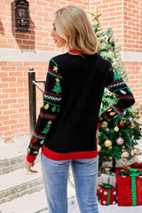 Christmas Print Sequin Round Neck Sweater - Trendsi