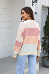 Waffle-Knit Round Neck Dropped Shoulder Color Block Sweater - Flyclothing LLC