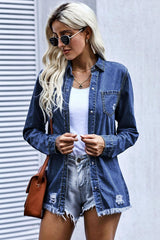 Distressed Snap Down Denim Jacket - Flyclothing LLC