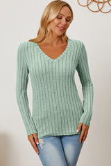 Basic Bae Full Size Ribbed V-Neck Long Sleeve T-Shirt - Flyclothing LLC