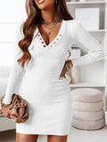 V-Neck Long Sleeve Ribbed Dress - Flyclothing LLC