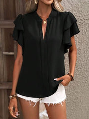 Ruffled Notched Short Sleeve Blouse - Flyclothing LLC