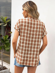 Plaid Notched Short Sleeve Blouse - Flyclothing LLC