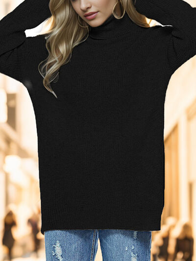 Turtleneck Drop Shoulder Long Sleeve Sweater - Flyclothing LLC