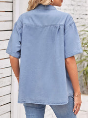 Collared Neck Short Sleeve Denim Jacket - Flyclothing LLC