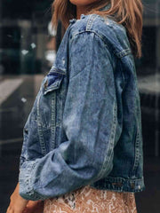 Button Up  Collared Neck Distressed Denim Jacket - Flyclothing LLC