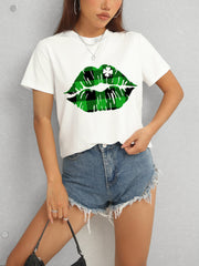 Plaid Lip Graphic Round Neck T-Shirt - Flyclothing LLC