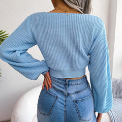 Tie-Front Rib-Knit Cropped Sweater - Flyclothing LLC