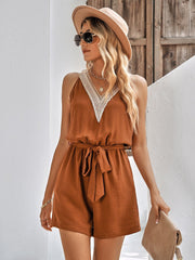 Contrast Belted Sleeveless Romper with Pockets - Flyclothing LLC