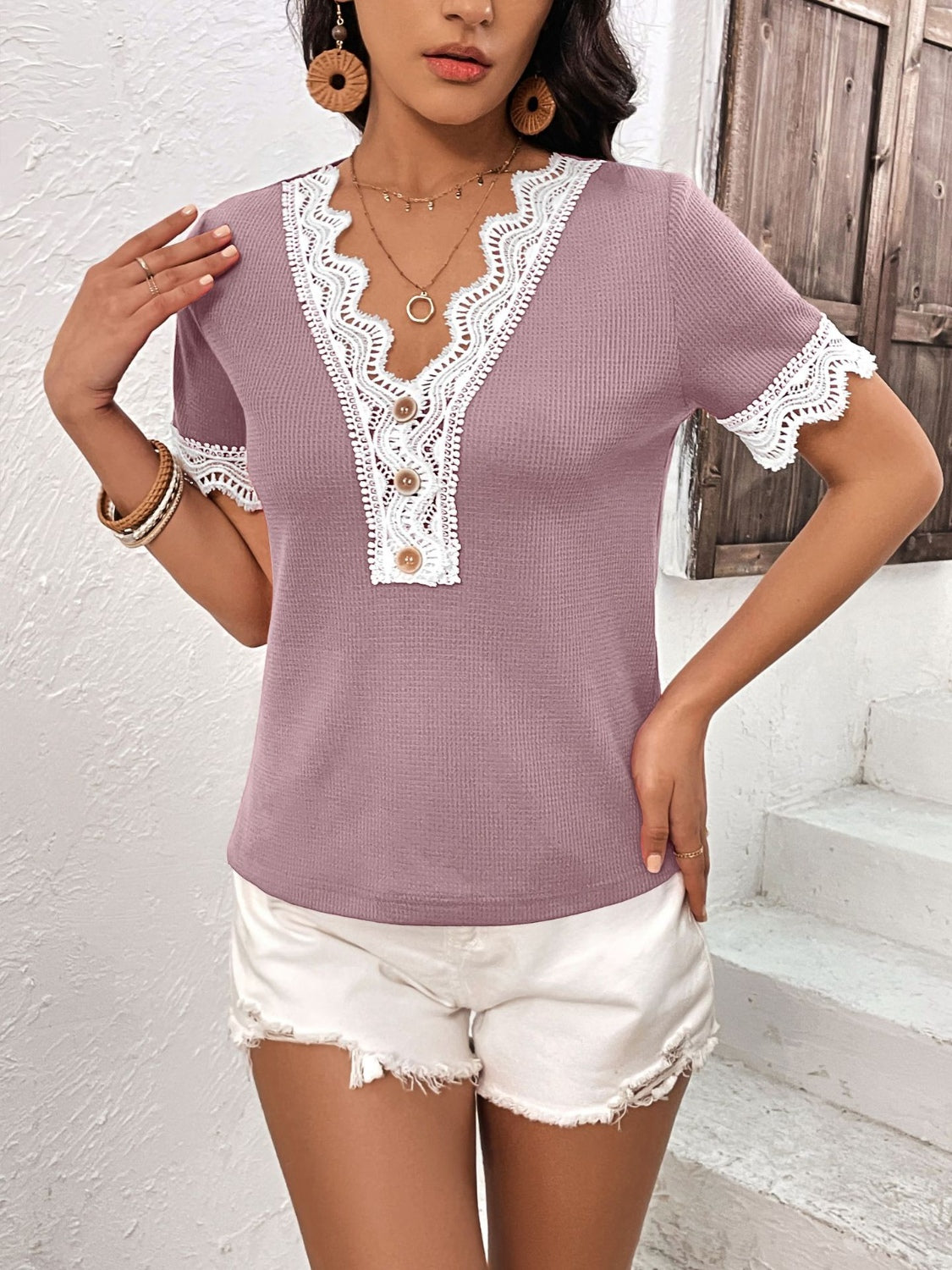 Lace Detail V-Neck Short Sleeve T-Shirt - Flyclothing LLC