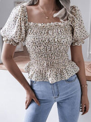 Frill Smocked Square Neck Short Sleeve Blouse - Flyclothing LLC