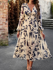 Printed V-Neck Long Sleeve Midi Dress - Flyclothing LLC